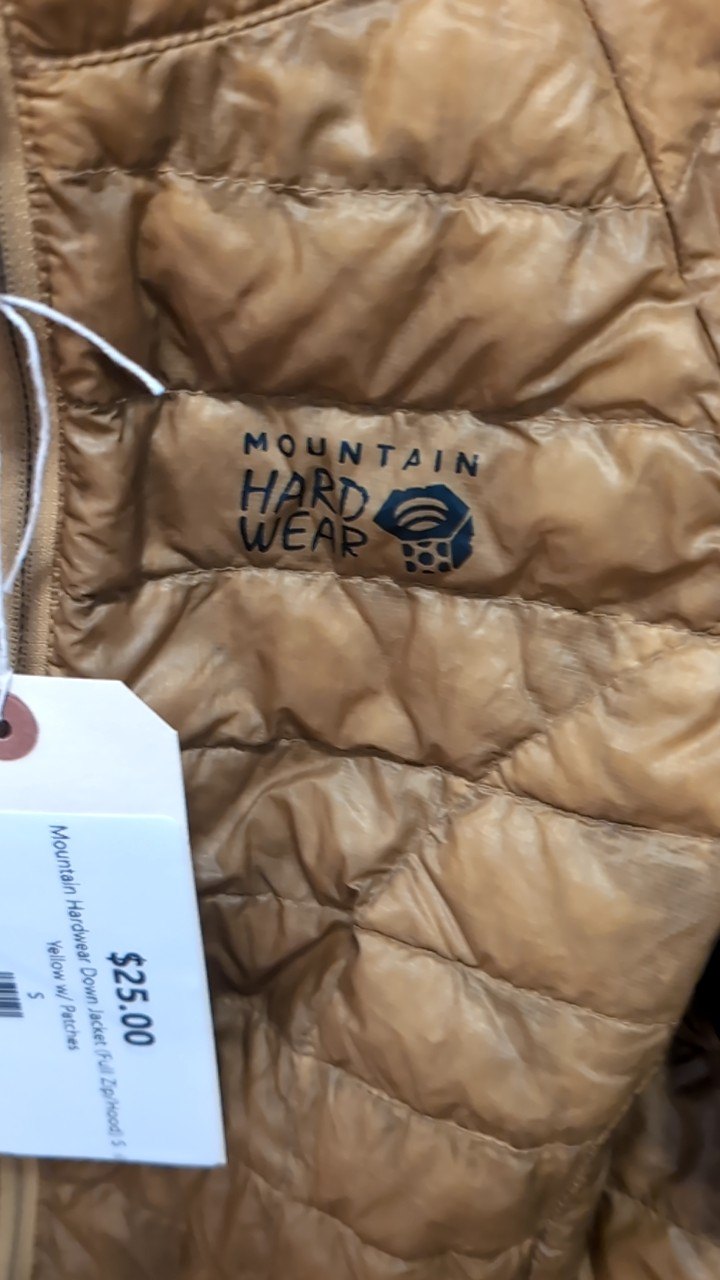 Mountain Hardwear Down Jacket (Full Zip/Hood) S Yellow w/ Patches