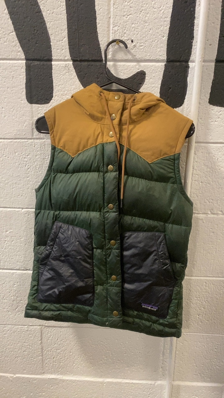Patagonia Bivy Hooded Down Vest S Green/Brown