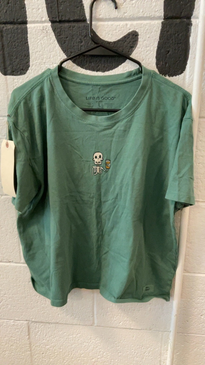 Life is Good T-Shirt L Green Skeleton with Beer