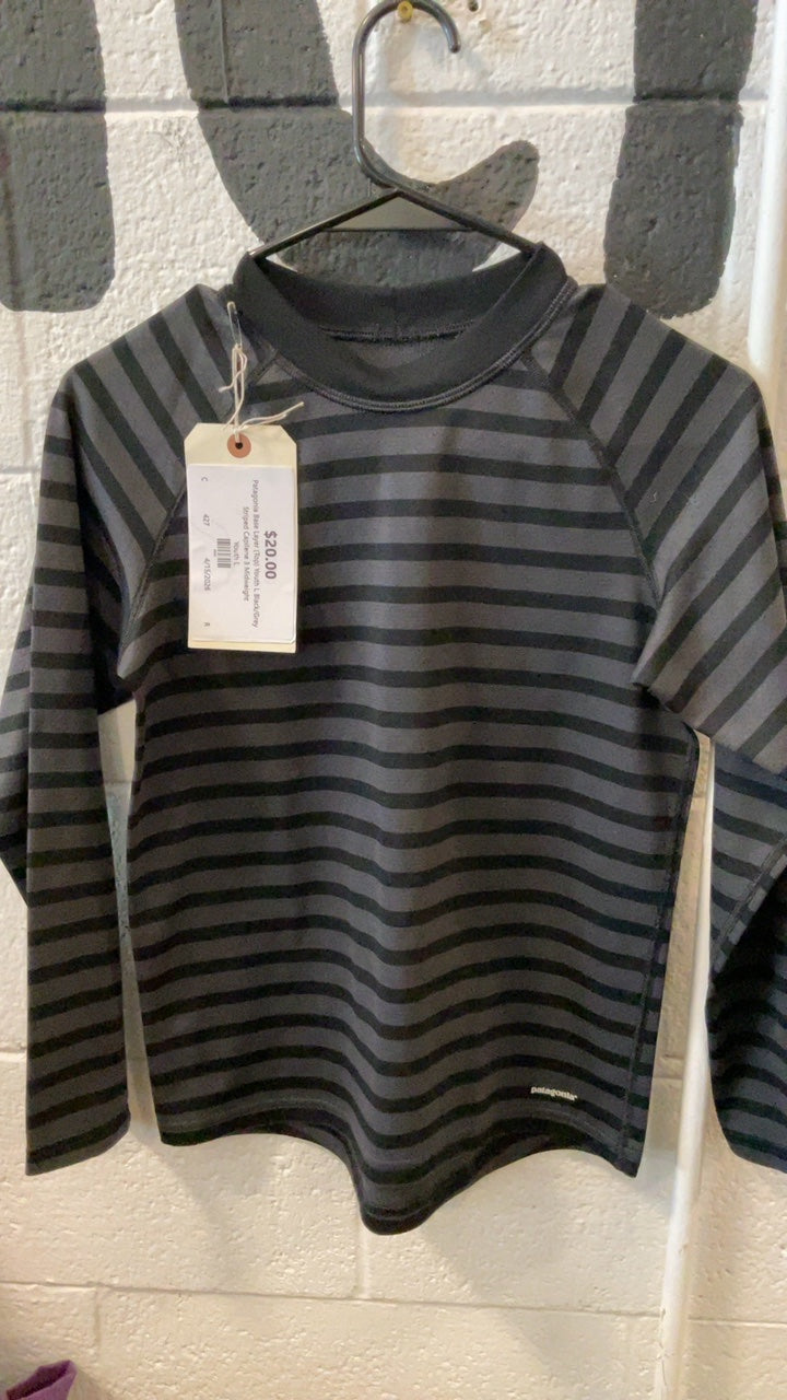Patagonia Base Layer (Top) Youth L Black/Grey Striped Capilene 3 Midweight