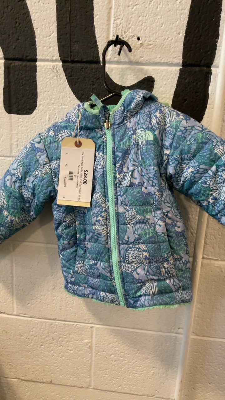 The North Face Puffy Jacket (Full Zip/ Hood) 2T Blue Patterned Fleece Interior
