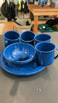 Camping (Utensils) Blue/White Spotted Full Set (4 Mugs) (3 Plates) (4 Spoons) (3 Bowls)