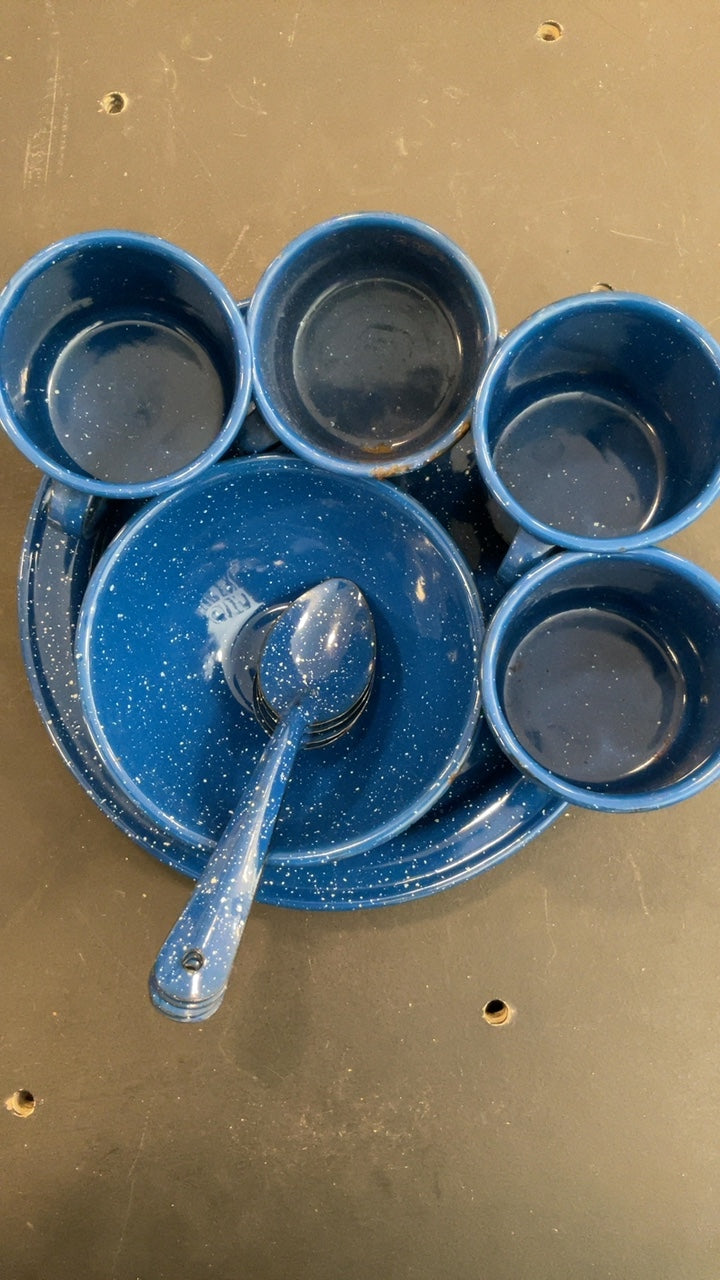 Camping (Utensils) Blue/White Spotted Full Set (4 Mugs) (3 Plates) (4 Spoons) (3 Bowls)