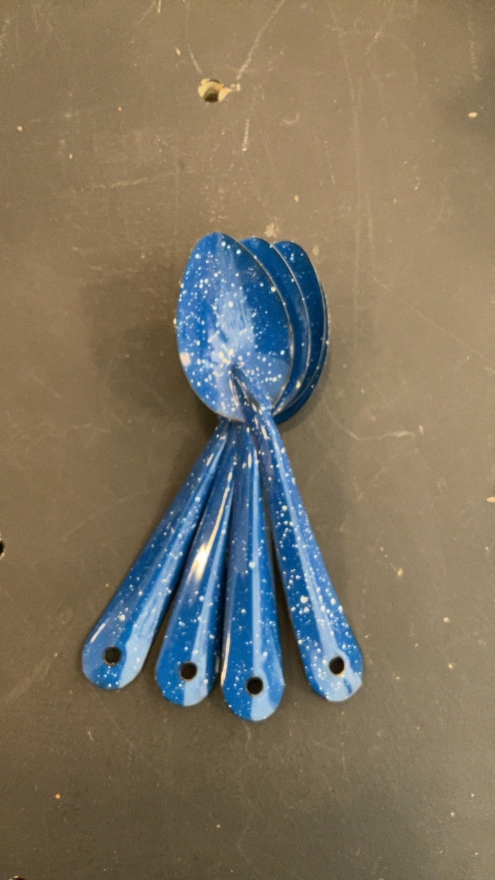 Camping (Utensils) Blue/White Spotted Full Set (4 Mugs) (3 Plates) (4 Spoons) (3 Bowls)