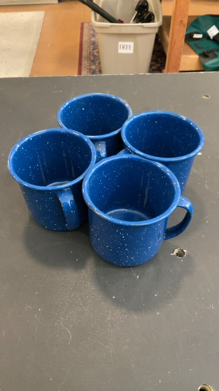 Camping (Utensils) Blue/White Spotted Full Set (4 Mugs) (3 Plates) (4 Spoons) (3 Bowls)